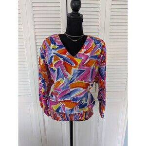 Jo Hardin Blouse Vtg Women's 14 Art to Wear Abstract Colorful Unique Glam 80s